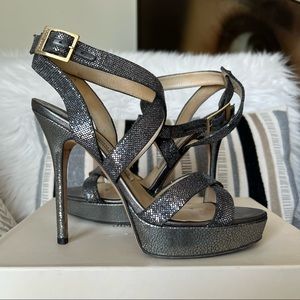 Jimmy Choo Glitter Fabric Anthracite high heel Sandals Size 7.5